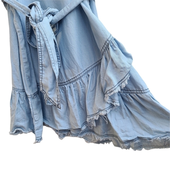 Amenah Chambray Dress with Raw Edge Layered Ruffle Hem and Sleeves, Size Small - Picture 3 of 5